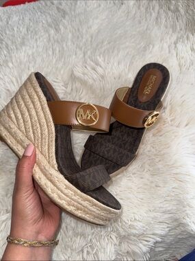 Michael Kors Brown and Tan MK Logo Espadrille Wedge Sandals